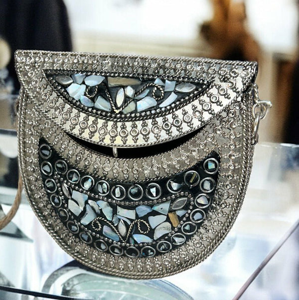 Black & Grey studded stones on Metal Purse