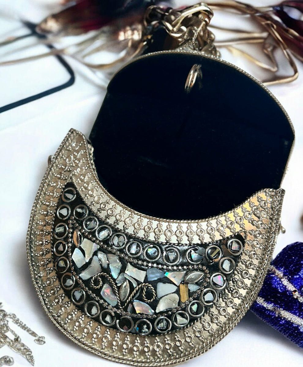 Black & Grey studded stones on Metal Purse