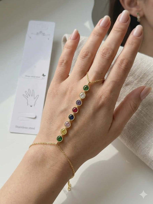 Multi-stone birthstone or chakra bracelet featuring colored gemstones set in stainless steel.