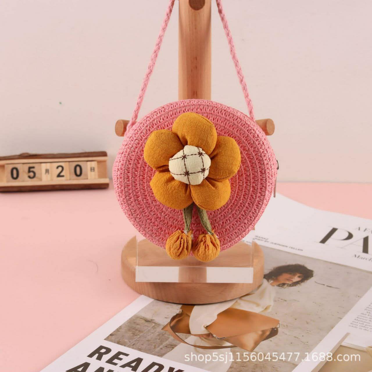 Summer Children Girl Straw Bag Kid Cute Flower Handmade Woven Messenger Bags Storage Basket Crossbody Handbag Gift
