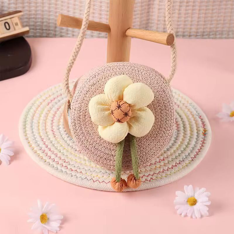 Summer Children Girl Straw Bag Kid Cute Flower Handmade Woven Messenger Bags Storage Basket Crossbody Handbag Gift