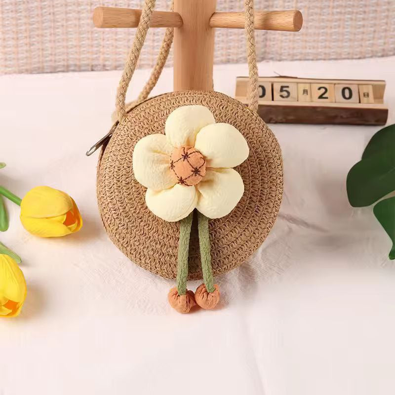 Summer Children Girl Straw Bag Kid Cute Flower Handmade Woven Messenger Bags Storage Basket Crossbody Handbag Gift