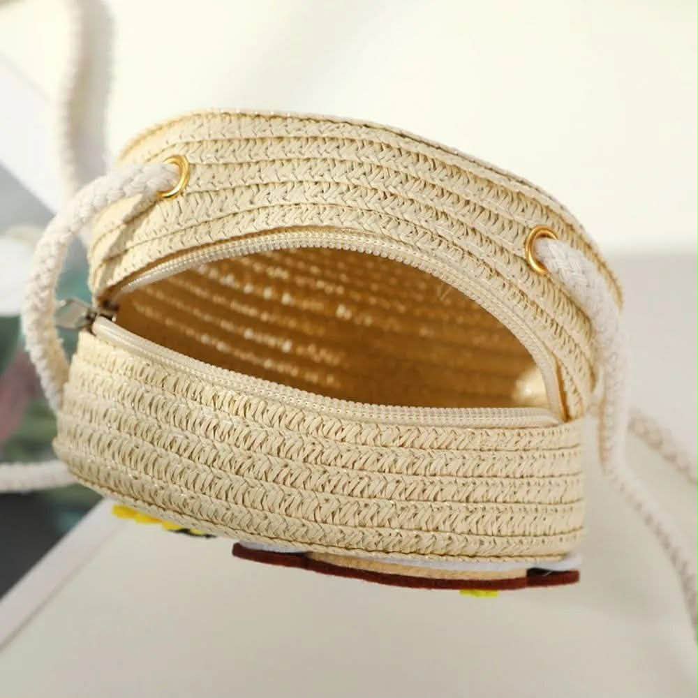 Summer Children Girl Straw Bag Kid Cute Flower Handmade Woven Messenger Bags Storage Basket Crossbody Handbag Gift