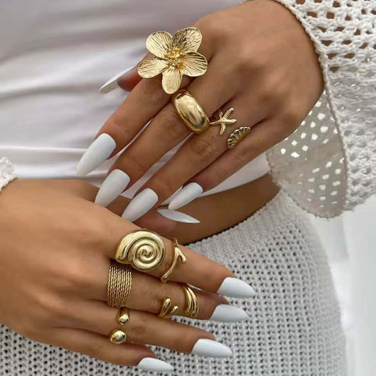 Summer Beach Rings Set Punk Exaggerated Metal Wide Open Adjustable Rings Flower Starfish Geometric Finger Rings Women Jewellery