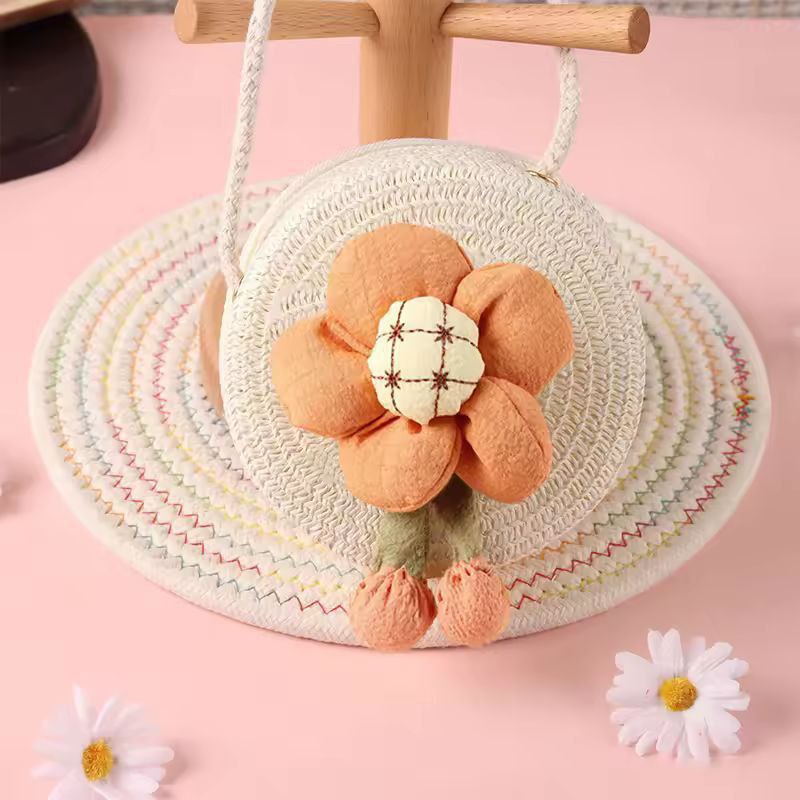 Summer Children Girl Straw Bag Kid Cute Flower Handmade Woven Messenger Bags Storage Basket Crossbody Handbag Gift