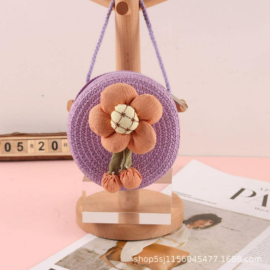 Summer Children Girl Straw Bag Kid Cute Flower Handmade Woven Messenger Bags Storage Basket Crossbody Handbag Gift
