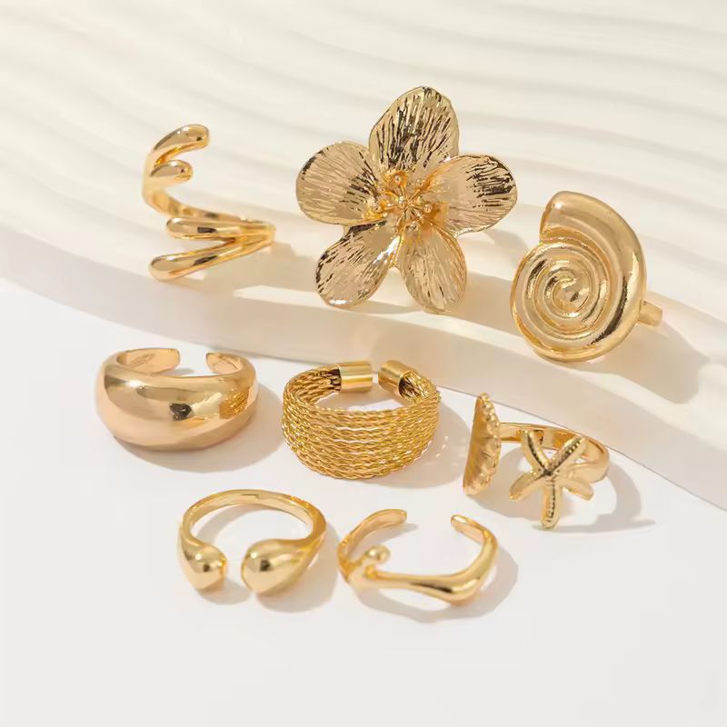 Summer Beach Rings Set Punk Exaggerated Metal Wide Open Adjustable Rings Flower Starfish Geometric Finger Rings Women Jewellery