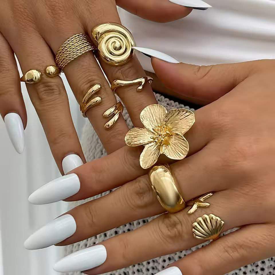 Summer Beach Rings Set Punk Exaggerated Metal Wide Open Adjustable Rings Flower Starfish Geometric Finger Rings Women Jewellery